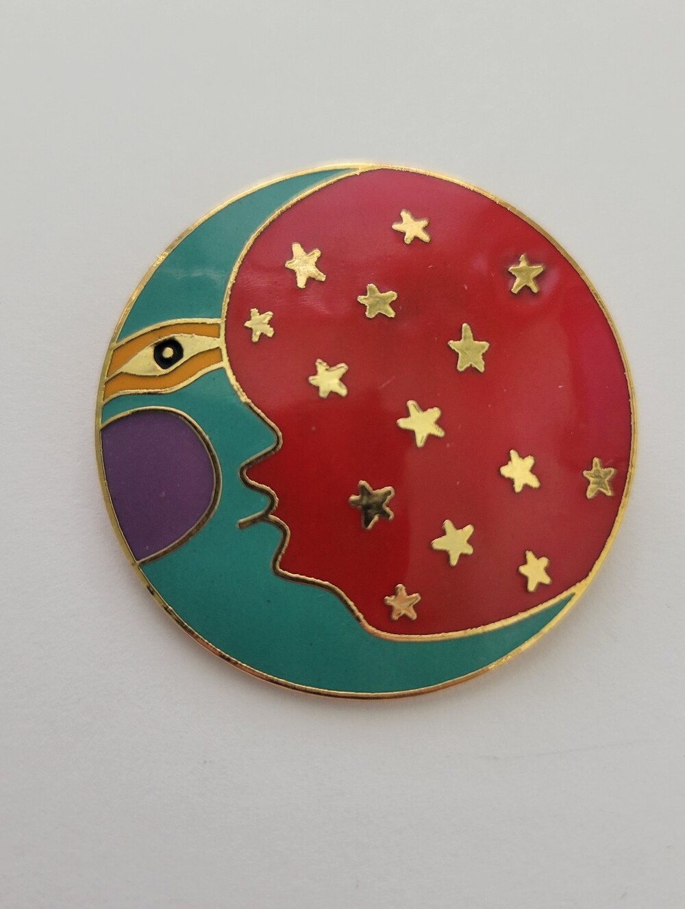 Laurel Burch Moonface Celestial Brooch Pin red teal enamel & gold tone round